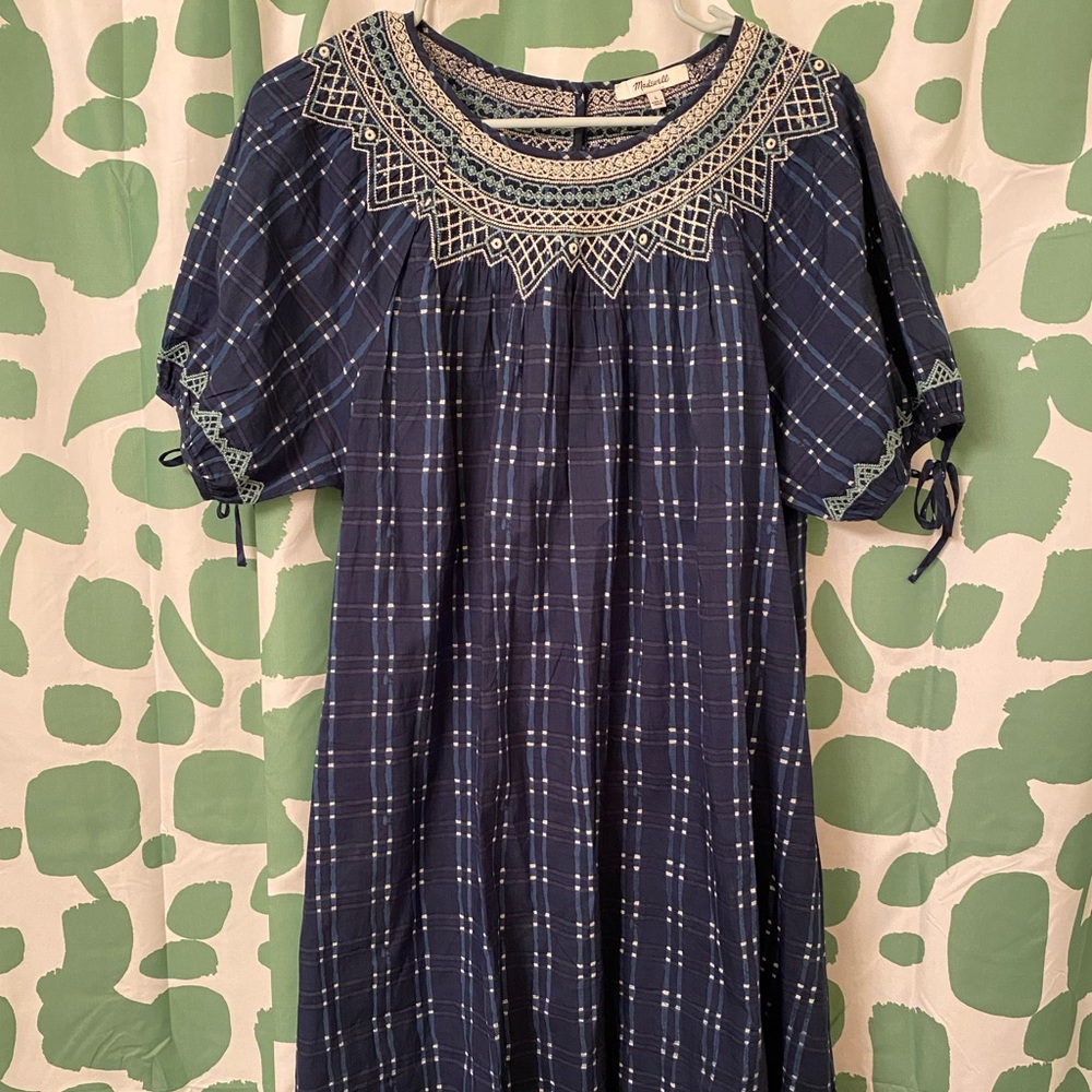 NWT Madewell Navy Embroidered Puff Sleeve Babydoll Dress Indigo Plaid